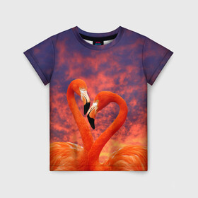 Детская футболка 3D с принтом Flamingo Love в Курске, 100% гипоаллергенный полиэфир | прямой крой, круглый вырез горловины, длина до линии бедер, чуть спущенное плечо, ткань немного тянется | 14 февраля | 8 марта | валентинов день | верность | влюбленность | влюбленные | вместе | вместе навсегда | девушке | женат | женский день | женский праздник | закат | замужем | кружка | любимая
