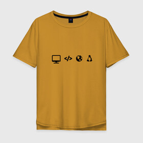 Мужская футболка хлопок Oversize с принтом LINUX в Курске, 100% хлопок | свободный крой, круглый ворот, “спинка” длиннее передней части | Тематика изображения на принте: код | пингвин | планета земля | программист | разработчик | эволюция