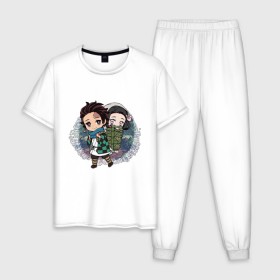 Мужская пижама хлопок с принтом Танджиро и Незуко Камадо в Курске, 100% хлопок | брюки и футболка прямого кроя, без карманов, на брюках мягкая резинка на поясе и по низу штанин
 | аниме | клинок рассекающий демонов | незуко камадо | танджиро камадо
