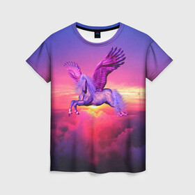 Женская футболка 3D с принтом Dusk Sky Horse в Курске, 100% полиэфир ( синтетическое хлопкоподобное полотно) | прямой крой, круглый вырез горловины, длина до линии бедер | высота | закат | конь | крылья | легенды | летать | летающий | лошадь | мистический | мифология | мифы | небесный | небо | облака | облач | пегас | плед | подушка | полет | пурпурный | сумерки | сумка