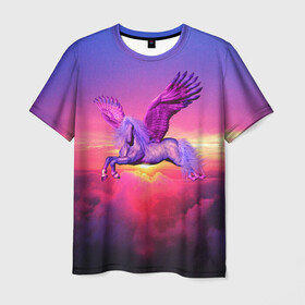 Мужская футболка 3D с принтом Dusk Sky Horse в Курске, 100% полиэфир | прямой крой, круглый вырез горловины, длина до линии бедер | высота | закат | конь | крылья | легенды | летать | летающий | лошадь | мистический | мифология | мифы | небесный | небо | облака | облач | пегас | плед | подушка | полет | пурпурный | сумерки | сумка
