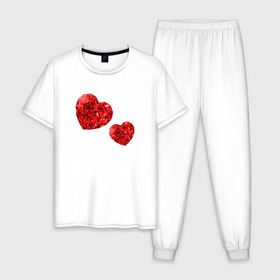 Мужская пижама хлопок с принтом Рубиновые сердца в Курске, 100% хлопок | брюки и футболка прямого кроя, без карманов, на брюках мягкая резинка на поясе и по низу штанин
 | Тематика изображения на принте: вместе | любовь | пара | рубин | сердце