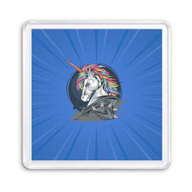 Магнит 55*55 с принтом Единорог Rock в Курске, Пластик | Размер: 65*65 мм; Размер печати: 55*55 мм | rock | единорог | единорог рокер | кожанка | конь | лошадь | многоцветный | радуга | рог | рок | шипы