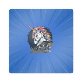 Магнит виниловый Квадрат с принтом Единорог Rock в Курске, полимерный материал с магнитным слоем | размер 9*9 см, закругленные углы | rock | единорог | единорог рокер | кожанка | конь | лошадь | многоцветный | радуга | рог | рок | шипы