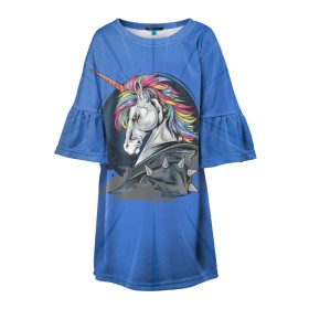 Детское платье 3D с принтом Единорог Rock в Курске, 100% полиэстер | прямой силуэт, чуть расширенный к низу. Круглая горловина, на рукавах — воланы | Тематика изображения на принте: rock | единорог | единорог рокер | кожанка | конь | лошадь | многоцветный | радуга | рог | рок | шипы