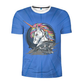 Мужская футболка 3D спортивная с принтом Единорог Rock в Курске, 100% полиэстер с улучшенными характеристиками | приталенный силуэт, круглая горловина, широкие плечи, сужается к линии бедра | rock | единорог | единорог рокер | кожанка | конь | лошадь | многоцветный | радуга | рог | рок | шипы