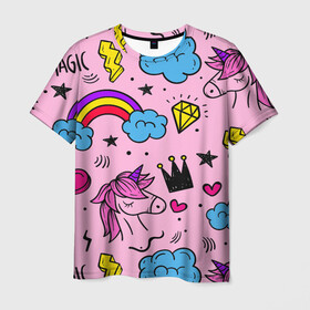 Мужская футболка 3D с принтом Единороги в Курске, 100% полиэфир | прямой крой, круглый вырез горловины, длина до линии бедер | pink | единорог | единорожки | звезда | корона | лето | лошадка | лошадь | надпись | облака | радуга | радужный | сердечки | символы