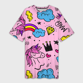 Платье-футболка 3D с принтом Единороги в Курске,  |  | Тематика изображения на принте: pink | единорог | единорожки | звезда | корона | лето | лошадка | лошадь | надпись | облака | радуга | радужный | сердечки | символы
