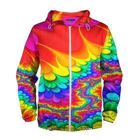 Мужская ветровка 3D с принтом TIE-DYE в Курске, 100% полиэстер | подол и капюшон оформлены резинкой с фиксаторами, два кармана без застежек по бокам, один потайной карман на груди | abstract | abstraction | color | fractal | geometry | paitnt | polygon | polygonal | psy | абстракция | геометрия | краски | неоновые | полигоны | психоделика | фрактал