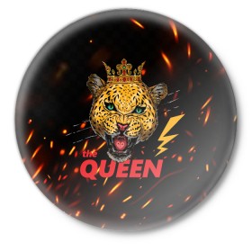 Значок с принтом the Queen в Курске,  металл | круглая форма, металлическая застежка в виде булавки | queen | большая кошка | королева | корона | кошка | леопард | львица | молния