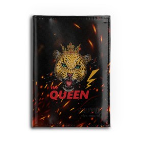 Обложка для автодокументов с принтом the Queen в Курске, натуральная кожа |  размер 19,9*13 см; внутри 4 больших “конверта” для документов и один маленький отдел — туда идеально встанут права | queen | большая кошка | королева | корона | кошка | леопард | львица | молния