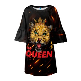 Детское платье 3D с принтом the Queen в Курске, 100% полиэстер | прямой силуэт, чуть расширенный к низу. Круглая горловина, на рукавах — воланы | queen | большая кошка | королева | корона | кошка | леопард | львица | молния