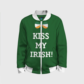 Детский бомбер 3D с принтом Kiss my Irish в Курске, 100% полиэстер | застегивается на молнию, по бокам два кармана без застежек, мягкие манжеты, по низу бомбера и на воротнике — эластичная резинка | Тематика изображения на принте: британия | день святого патрика | золото | ирландия