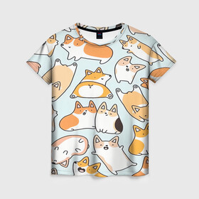 Женская футболка 3D с принтом Корги  в Курске, 100% полиэфир ( синтетическое хлопкоподобное полотно) | прямой крой, круглый вырез горловины, длина до линии бедер | dog. корги | dogs | весёлые собачки | милые собачки | прикольные собачки | собаки | собачки