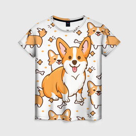 Женская футболка 3D с принтом Корги в Курске, 100% полиэфир ( синтетическое хлопкоподобное полотно) | прямой крой, круглый вырез горловины, длина до линии бедер | dog. корги | dogs | весёлые собачки | милые собачки | прикольные собачки | собаки | собачки