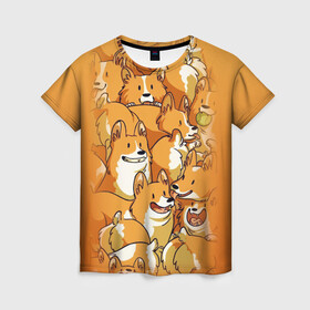 Женская футболка 3D с принтом Корги в Курске, 100% полиэфир ( синтетическое хлопкоподобное полотно) | прямой крой, круглый вырез горловины, длина до линии бедер | corg | зубы | корги | милота | много | рыжие | собак | собака | собачки