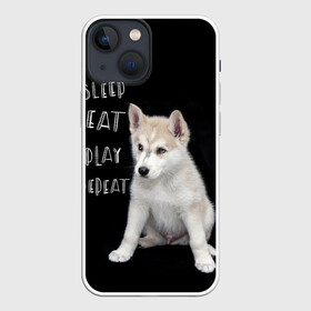 Чехол для iPhone 13 mini с принтом Sleep Eat Play Repeat (Хаски) в Курске,  |  | dog | husky | puppy | siberian husky | sleep eat play repeat | белая собака | белый щенок | ездовая собака | кружка | лайка | лайка щенок | подушка | сибирский хаски | собака | собачья жизнь | сумка | термокружка | фартук