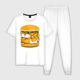 Мужская пижама хлопок с принтом Корги в Курске, 100% хлопок | брюки и футболка прямого кроя, без карманов, на брюках мягкая резинка на поясе и по низу штанин
 | Тематика изображения на принте: art | burger | chees | corgi | dog | арт | бургер | еда | корги | миска | собака | сыр | чизбургер