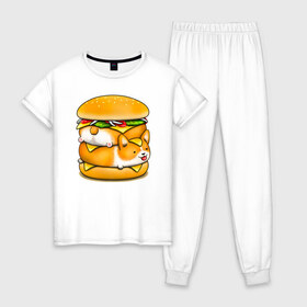 Женская пижама хлопок с принтом Корги в Курске, 100% хлопок | брюки и футболка прямого кроя, без карманов, на брюках мягкая резинка на поясе и по низу штанин | art | burger | chees | corgi | dog | арт | бургер | еда | корги | миска | собака | сыр | чизбургер