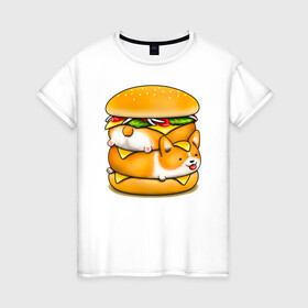 Женская футболка хлопок с принтом Корги в Курске, 100% хлопок | прямой крой, круглый вырез горловины, длина до линии бедер, слегка спущенное плечо | art | burger | chees | corgi | dog | арт | бургер | еда | корги | миска | собака | сыр | чизбургер