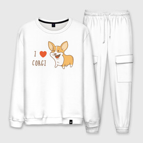 Мужской костюм хлопок с принтом I LOVE CORGI в Курске, 100% хлопок | на свитшоте круглая горловина, мягкая резинка по низу. Брюки заужены к низу, на них два вида карманов: два “обычных” по бокам и два объемных, с клапанами, расположенные ниже линии бедра. Брюки с мягкой трикотажной резинкой на поясе и по низу штанин. В поясе для дополнительного комфорта — широкие завязки | animals | corgi | dogs | pets | puppies | queen | животные | корги | королева | песики | питомцы | собаки | щенки