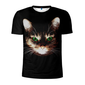 Мужская футболка 3D спортивная с принтом Зеленоглазый кот в Курске, 100% полиэстер с улучшенными характеристиками | приталенный силуэт, круглая горловина, широкие плечи, сужается к линии бедра | зеленые глаза | кот | котик | кошак | кошатнику | кошатнице | кошачий портрет | кошка | кошка с зелеными глазами | кружка | любительнице ко | любителю кошек | подушка | полосатый кот | портрет кота