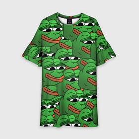 Детское платье 3D с принтом Pepe The Frog в Курске, 100% полиэстер | прямой силуэт, чуть расширенный к низу. Круглая горловина, на рукавах — воланы | Тематика изображения на принте: frog | meme | memes | pepe | pepe the frog | грустная жабка | лягушка | лягушонок пепе | мем | мемы