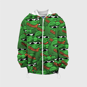 Детская куртка 3D с принтом Pepe The Frog в Курске, 100% полиэстер | застежка — молния, подол и капюшон оформлены резинкой с фиксаторами, по бокам — два кармана без застежек, один потайной карман на груди, плотность верхнего слоя — 90 г/м2; плотность флисового подклада — 260 г/м2 | Тематика изображения на принте: frog | meme | memes | pepe | pepe the frog | грустная жабка | лягушка | лягушонок пепе | мем | мемы