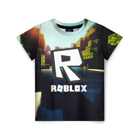 Детская футболка 3D с принтом ROBLOX в Курске, 100% гипоаллергенный полиэфир | прямой крой, круглый вырез горловины, длина до линии бедер, чуть спущенное плечо, ткань немного тянется | game | gamer | logo | roblox | игры | логотип | роблокс