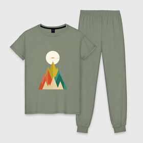 Женская пижама хлопок с принтом Путешественник в Курске, 100% хлопок | брюки и футболка прямого кроя, без карманов, на брюках мягкая резинка на поясе и по низу штанин | геометрия | горы | графика | дизайн | красиво | самолет | солнце | треугольник