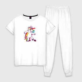 Женская пижама хлопок с принтом Единорог алкоголик в Курске, 100% хлопок | брюки и футболка прямого кроя, без карманов, на брюках мягкая резинка на поясе и по низу штанин | drunk | unicorn | единорог | нарисованный | прикольный | смешной | тотемное животное
