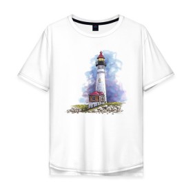 Мужская футболка хлопок Oversize с принтом Crisp Point Lighthouse в Курске, 100% хлопок | свободный крой, круглый ворот, “спинка” длиннее передней части | art | katie batz | lighthouse | достопримечательности | маяк | море | отдых | пляж | туристы
