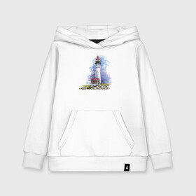 Детская толстовка хлопок с принтом Crisp Point Lighthouse в Курске, 100% хлопок | Круглый горловой вырез, эластичные манжеты, пояс, капюшен | Тематика изображения на принте: art | katie batz | lighthouse | достопримечательности | маяк | море | отдых | пляж | туристы