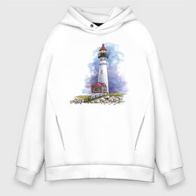 Мужское худи Oversize хлопок с принтом Crisp Point Lighthouse в Курске, френч-терри — 70% хлопок, 30% полиэстер. Мягкий теплый начес внутри —100% хлопок | боковые карманы, эластичные манжеты и нижняя кромка, капюшон на магнитной кнопке | Тематика изображения на принте: art | katie batz | lighthouse | достопримечательности | маяк | море | отдых | пляж | туристы