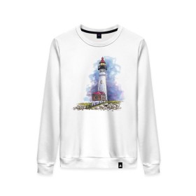 Женский свитшот хлопок с принтом Crisp Point Lighthouse в Курске, 100% хлопок | прямой крой, круглый вырез, на манжетах и по низу широкая трикотажная резинка  | art | katie batz | lighthouse | достопримечательности | маяк | море | отдых | пляж | туристы