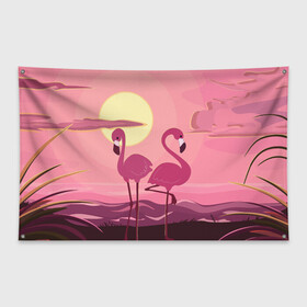 Флаг-баннер с принтом фламинго в Курске, 100% полиэстер | размер 67 х 109 см, плотность ткани — 95 г/м2; по краям флага есть четыре люверса для крепления | flamingo | pink | арт | животные | искусство | картина | пейзаж | природа | пруд | рисунок | розовый | фламинго