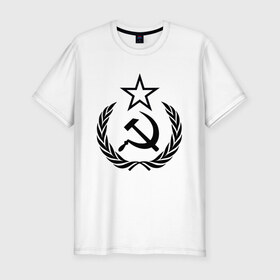 Мужская футболка хлопок Slim с принтом СССР в Курске, 92% хлопок, 8% лайкра | приталенный силуэт, круглый вырез ворота, длина до линии бедра, короткий рукав | венки | венок | герб | гербы | звезда | звёзды | коммунизм | коммунист | коммунисты | молот | молоты | серп | серпы | символ | символы | советский союз | ссср