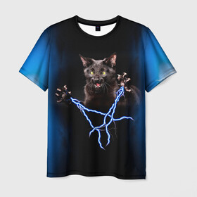 Мужская футболка 3D с принтом Грозовой кошак(громовержец) в Курске, 100% полиэфир | прямой крой, круглый вырез горловины, длина до линии бедер | грозовой | громовержец | кот | кошак | молнии | разряды | черный