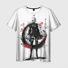 Мужская футболка 3D с принтом 2B Ink Sakura dawn в Курске, 100% полиэфир | прямой крой, круглый вырез горловины, длина до линии бедер | 2a | 2b | 9s | andoird | ink | japanese | kanji | nier automata | nuar | sakura | yohra | андроид | кандзи | нуар | сакура | чернила | япония