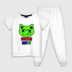 Детская пижама хлопок с принтом Zombie Kitty в Курске, 100% хлопок |  брюки и футболка прямого кроя, без карманов, на брюках мягкая резинка на поясе и по низу штанин
 | Тематика изображения на принте: зомби | каваи | кислота | кот | котик | кошка | милый | монстр | пиксельный арт | радуга | яркий