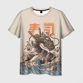 Мужская футболка 3D с принтом Sushi dragon в Курске, 100% полиэфир | прямой крой, круглый вырез горловины, длина до линии бедер | волны | дракон | суши | суши дракон | японские волны | японский дракон