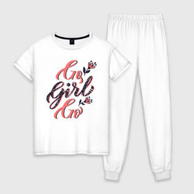 Женская пижама хлопок с принтом Go Girl Go в Курске, 100% хлопок | брюки и футболка прямого кроя, без карманов, на брюках мягкая резинка на поясе и по низу штанин | 8 марта | fem | feminism | feminist | девочки | девушки | женщины | феминизм | феминист | фемистка