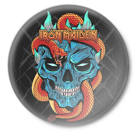 Значок с принтом Iron Maiden в Курске,  металл | круглая форма, металлическая застежка в виде булавки | 80s | hardrock | heavy | iron | maiden | metal | pop | steve harris | the final frontier | uk | айрон | группа | железная дева | метал | мэйден | хеви