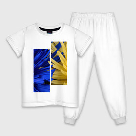 Детская пижама хлопок с принтом Украинский акцент в Курске, 100% хлопок |  брюки и футболка прямого кроя, без карманов, на брюках мягкая резинка на поясе и по низу штанин
 | жёлтый | намёк | пионы | синий | украина | украинский флаг | флаг | цвет | цвет флага | цветы
