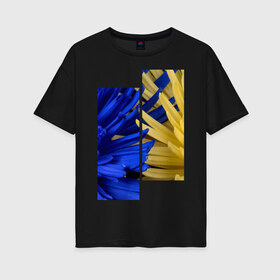 Женская футболка хлопок Oversize с принтом Украинский акцент в Курске, 100% хлопок | свободный крой, круглый ворот, спущенный рукав, длина до линии бедер
 | жёлтый | намёк | пионы | синий | украина | украинский флаг | флаг | цвет | цвет флага | цветы