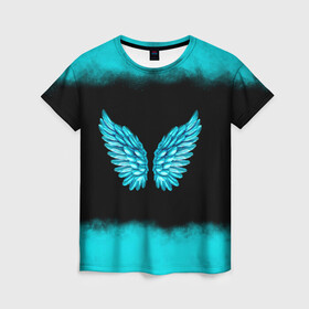 Женская футболка 3D с принтом Крылья Ангела в Курске, 100% полиэфир ( синтетическое хлопкоподобное полотно) | прямой крой, круглый вырез горловины, длина до линии бедер | angel | neon | ангел | дым | космос | крылья | небо | неон | неоновый | облака | перья | птица | свет | текстура | туман | яркий