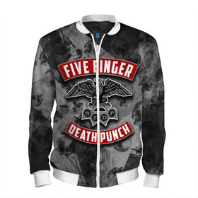 Мужской бомбер 3D с принтом Five Finger Death Punch в Курске, 100% полиэстер | застегивается на молнию, по бокам два кармана без застежек, по низу бомбера и на воротнике - эластичная резинка | Тематика изображения на принте: 5fdp | death | ffdp | finger | five | five finger death punch | punch | грув метал