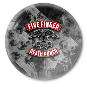 Значок с принтом Five Finger Death Punch в Курске,  металл | круглая форма, металлическая застежка в виде булавки | 5fdp | death | ffdp | finger | five | five finger death punch | punch | грув метал