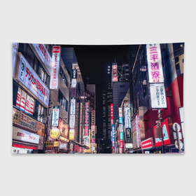 Флаг-баннер с принтом Ночной Токио в Курске, 100% полиэстер | размер 67 х 109 см, плотность ткани — 95 г/м2; по краям флага есть четыре люверса для крепления | город | города | дома | здания | иероглифы | надписи | небо | неон | ночь | огни | страны | сумерки | улица | фонари | япония