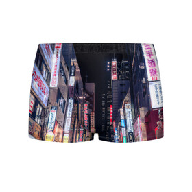 Мужские трусы 3D с принтом Ночной Токио в Курске, 50% хлопок, 50% полиэстер | классическая посадка, на поясе мягкая тканевая резинка | город | города | дома | здания | иероглифы | надписи | небо | неон | ночь | огни | страны | сумерки | улица | фонари | япония